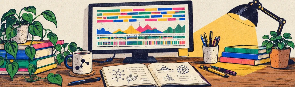 An illustrated research desk with colorful genomic tracks on a monitor, an open notebook, plants, and a warm desk lamp.