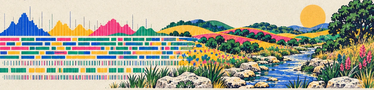Colorful genomic reads and coverage peaks becoming Texas hills and a limestone creek.